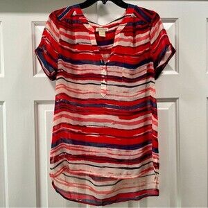 Lucky Brand Red, White & Blue Striped Sheer Top Size M